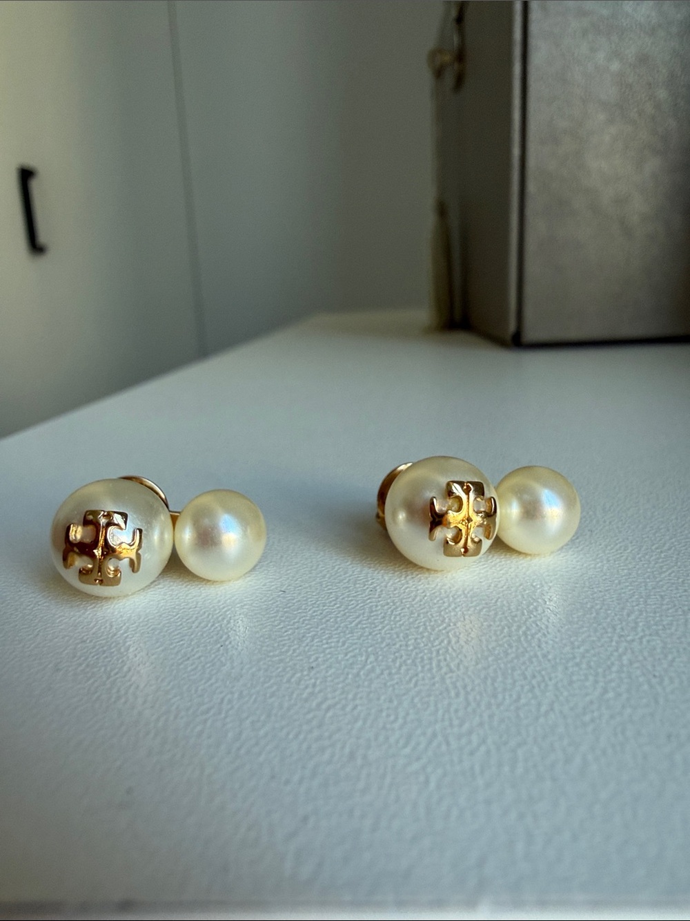 Tory Burch Ivory Pearl Double-Stud Earrings with Gold Logo